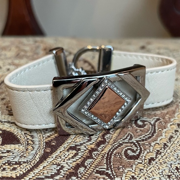 White House Black Market Jewelry - WHBM White Leather Cuff Silver Hardware Gem Accent Toggle Bracelet
